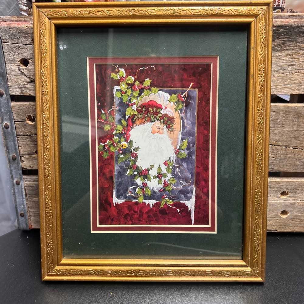 Vintage Framed Santa Claus Christmas Print Gold Ornate Frame Holly Berries Art